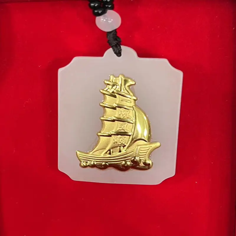 Gold Inlay Jade Sail Pendant Necklace for Men