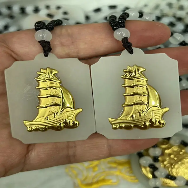 Gold Inlay Jade Sail Pendant Necklace for Men