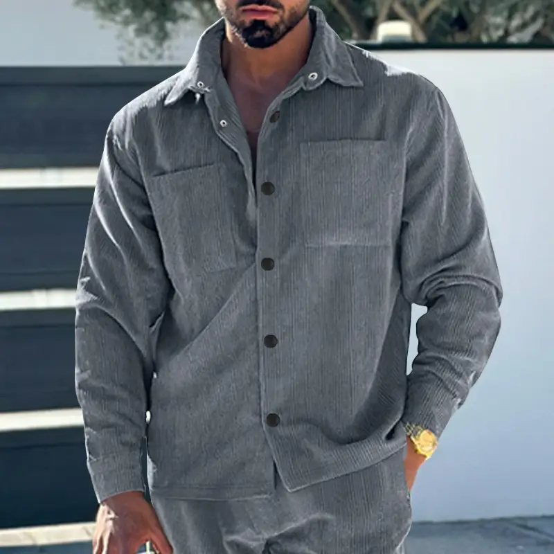 Men's Grey Corduroy Button Shirt Slim Fit - Image 6
