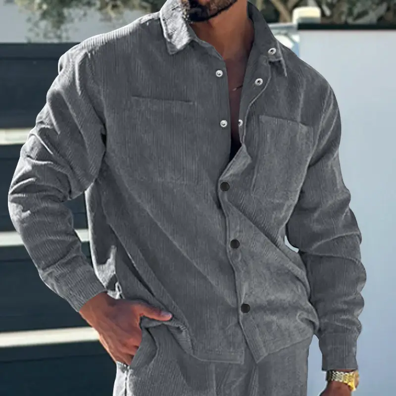 Men's Grey Corduroy Button Shirt Slim Fit — feature 19