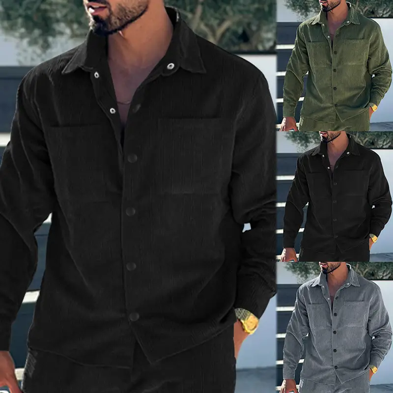 Men's Grey Corduroy Button Shirt Slim Fit — feature 2