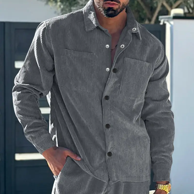 Men's Grey Corduroy Button Shirt Slim Fit — feature 20