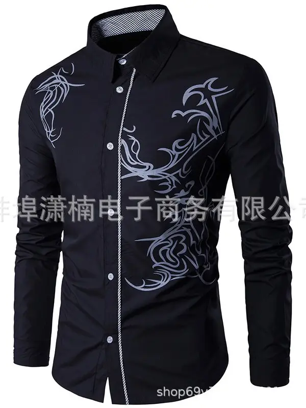 Men's Dragon Print Long Sleeve Shirt White European Style - Image 6
