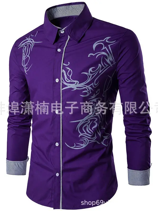 Men's Dragon Print Long Sleeve Shirt White European Style - Image 7