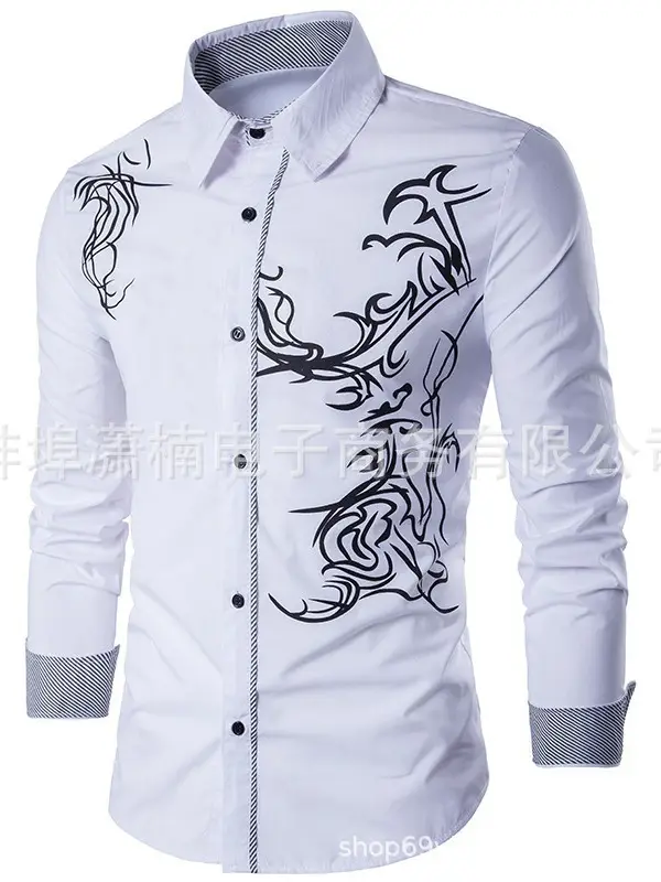 Men's Dragon Print Long Sleeve Shirt White European Style - Image 8