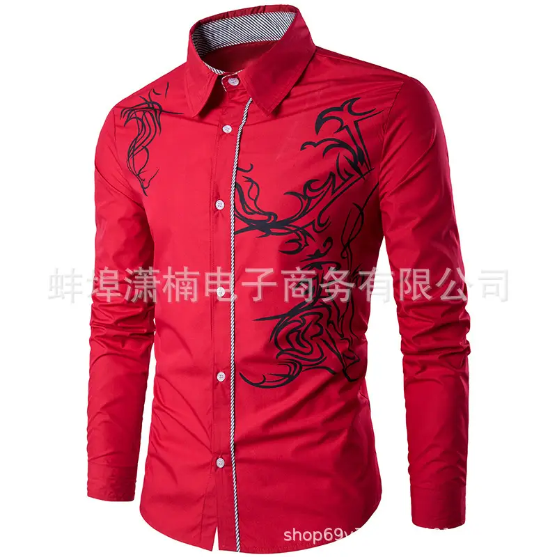 Men's Dragon Print Long Sleeve Shirt White European Style — feature 2