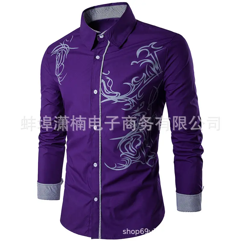Men's Dragon Print Long Sleeve Shirt White European Style — feature 4