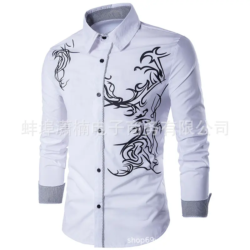 Men's Dragon Print Long Sleeve Shirt White European Style — feature 8