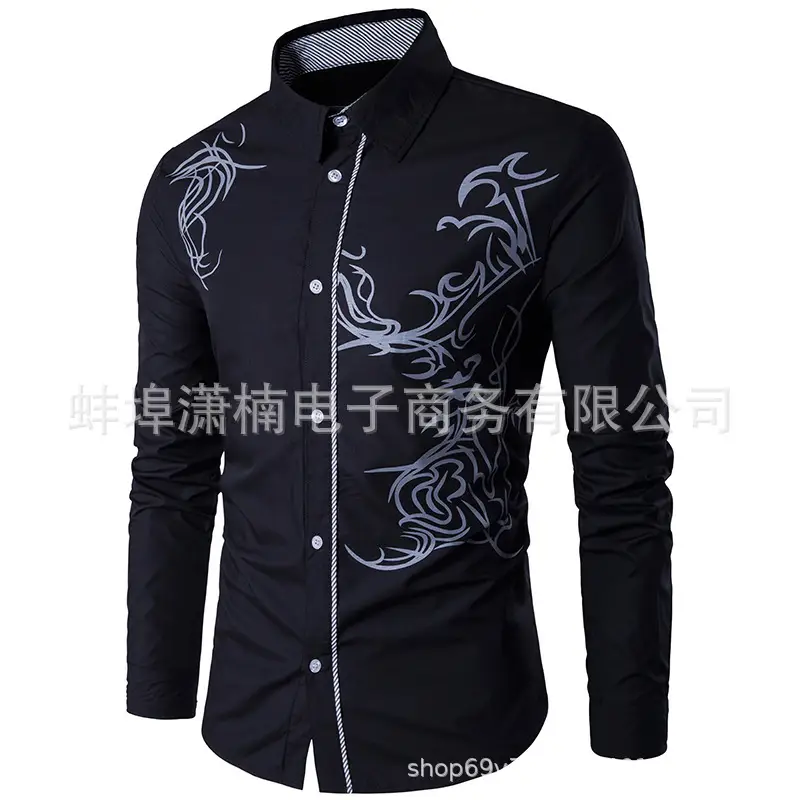 Men's Dragon Print Long Sleeve Shirt White European Style - Image 3