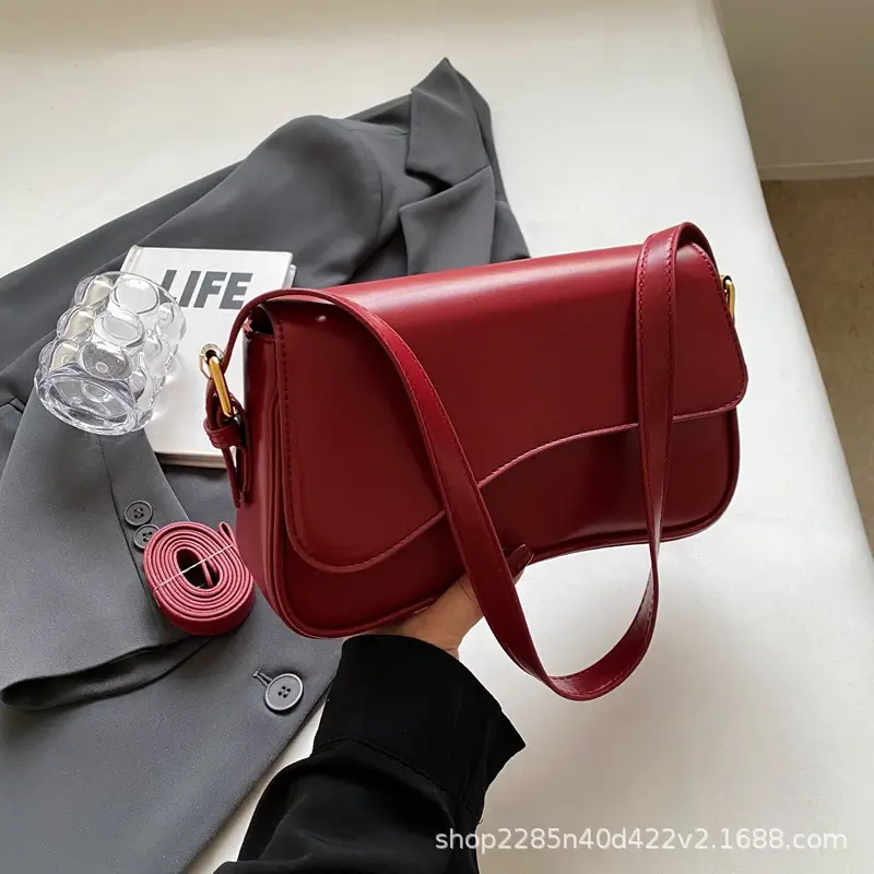 Red Magnetic Buckle Shoulder Bag for Women