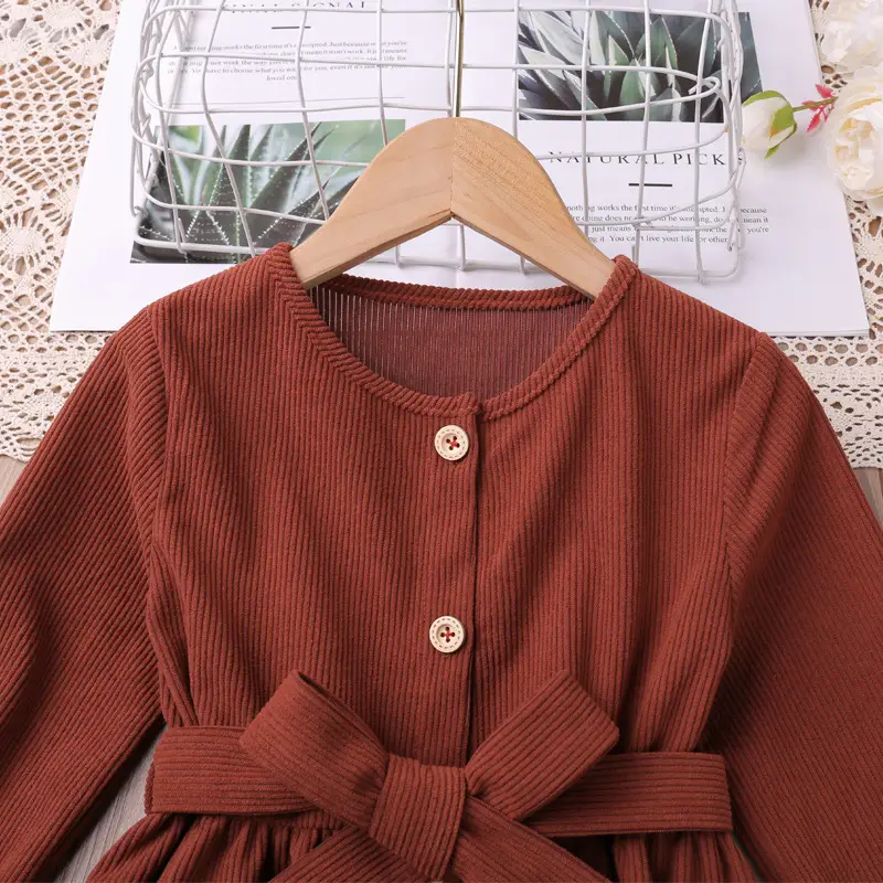 2024 Long-Sleeved Corduroy Belt Dress for Girls - Image 4