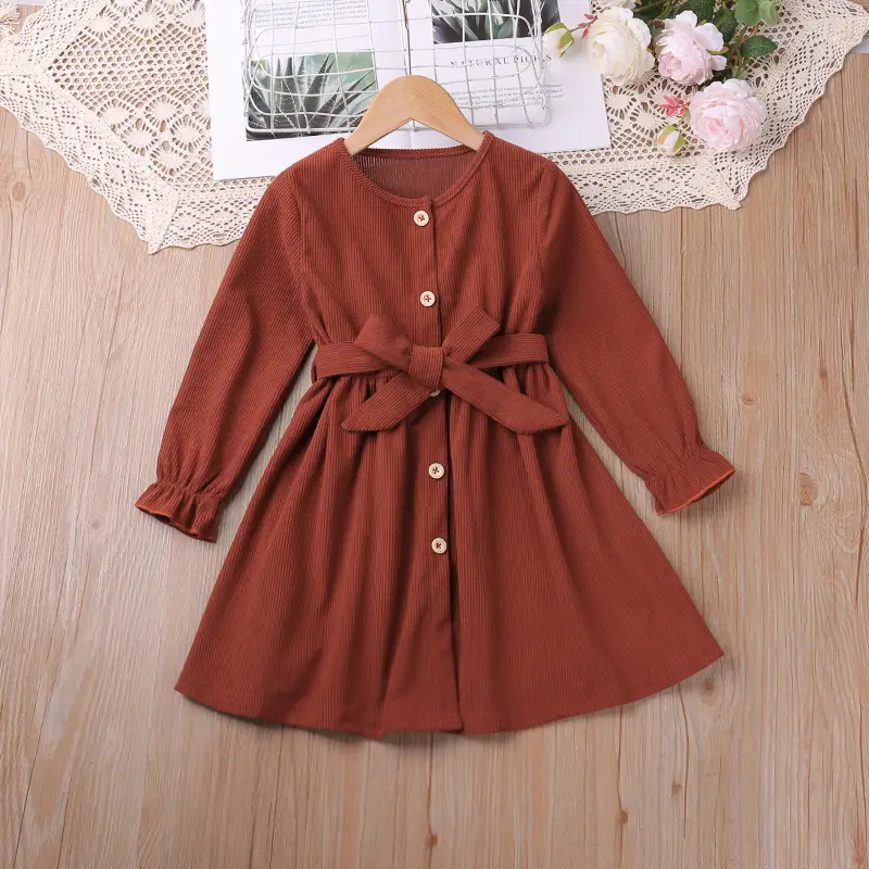 2024 Long-Sleeved Corduroy Belt Dress for Girls — feature 1