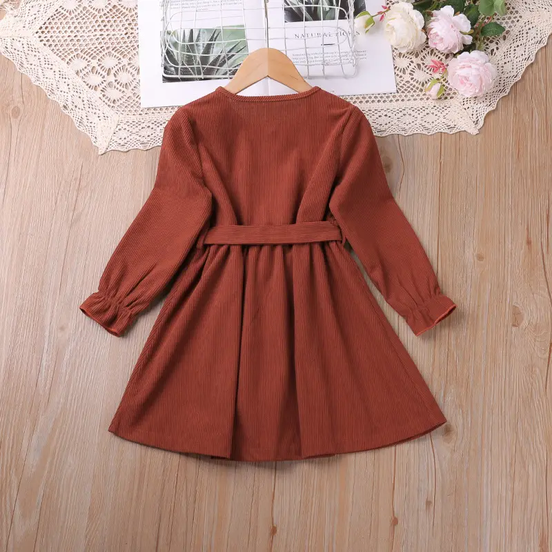 2024 Long-Sleeved Corduroy Belt Dress for Girls — feature 2
