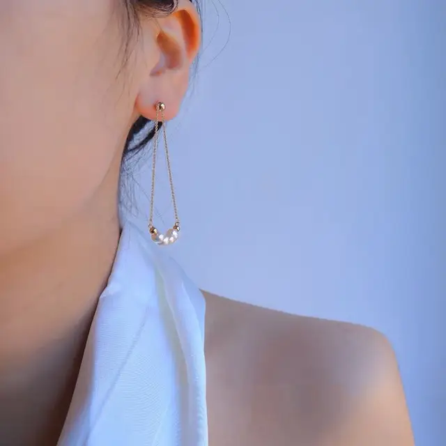Vintage Pearl Earrings Gold Plated Silver Pin Long Chain - Image 2