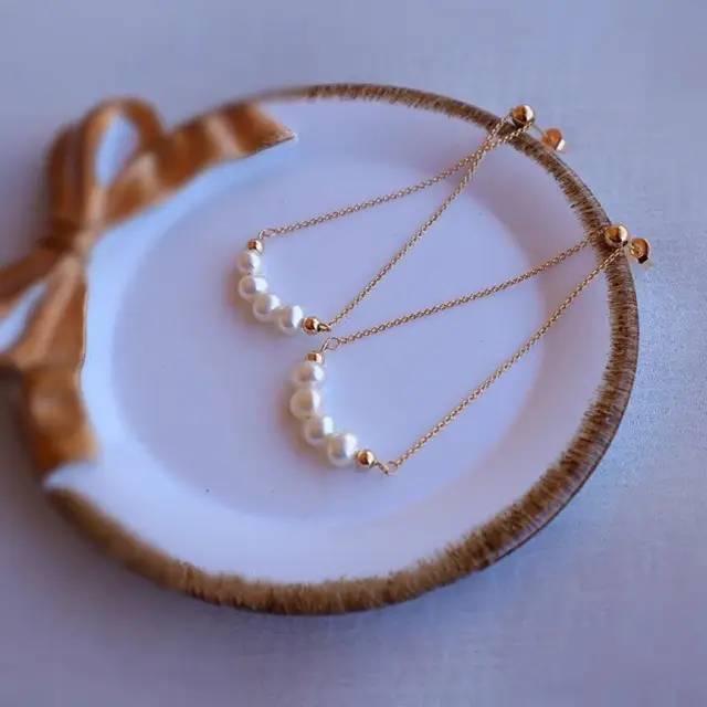 Vintage Pearl Earrings Gold Plated Silver Pin Long Chain - Image 4