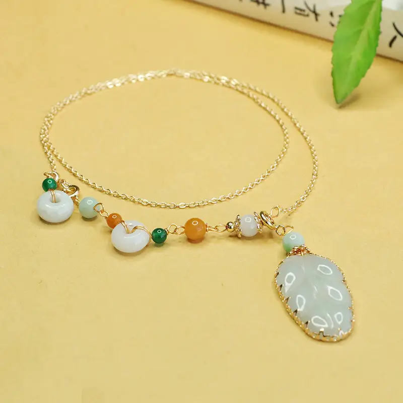 Jade Leaf Necklace with Green Beads for Women