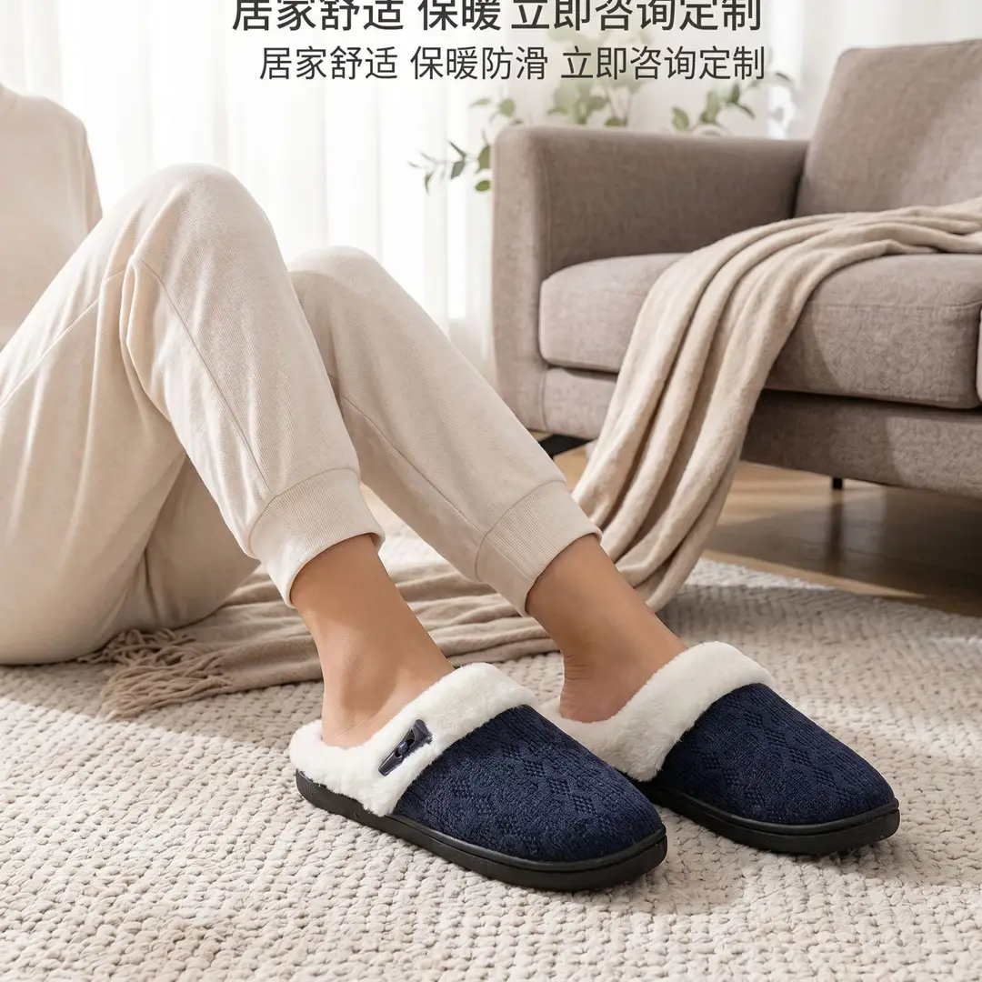 Cross-Border Foreign Trade Wholesale Furry Slippers, Home Indoor Non-Slip Thick-Soled Slippers, Flat-Soled Men's Warm Cotton Slippers