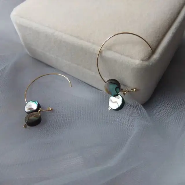 Natural Abalone Shell Earrings 14k Gold Round Circle Hong Kong Style
