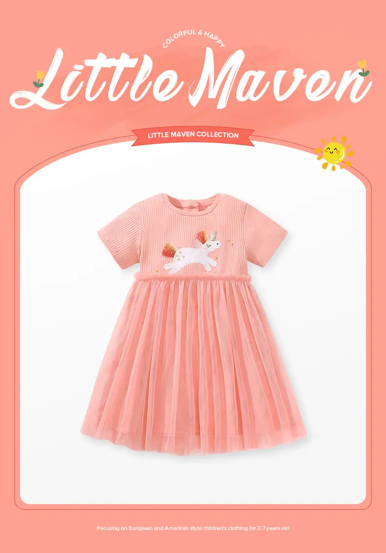 Little Maven Cartoon Girls Skirt Peach Striped Summer Dress — feature 2
