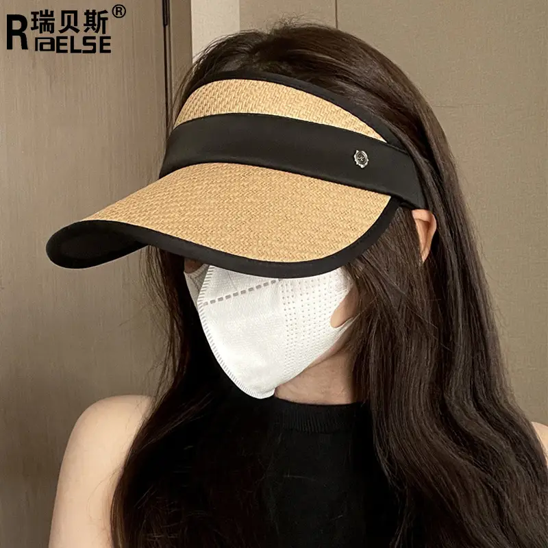 Women Straw Sun Visor with UV Mask - Image 7