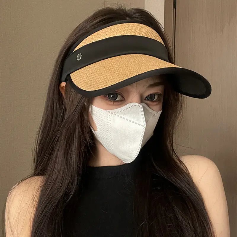 Women Straw Sun Visor with UV Mask - Image 9