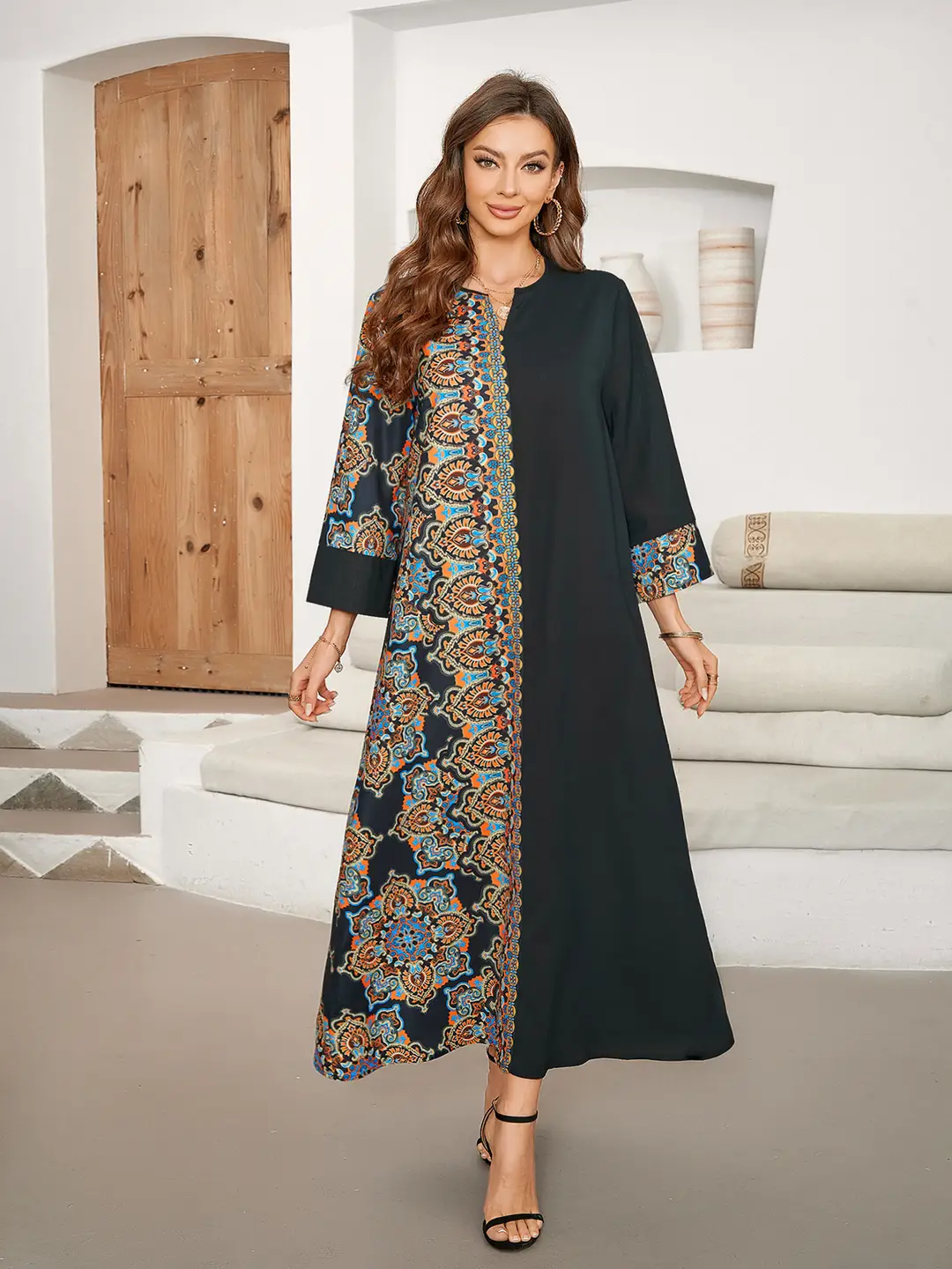 Cross-Border Hot-Selling Printed Patchwork Long Dress Elegant Long Skirt