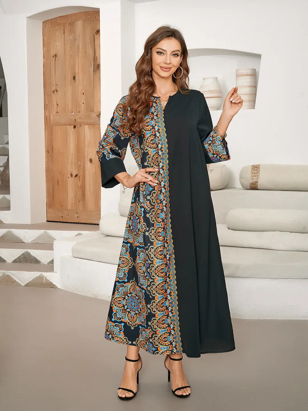 Cross-Border Hot-Selling Printed Patchwork Long Dress Elegant Long Skirt