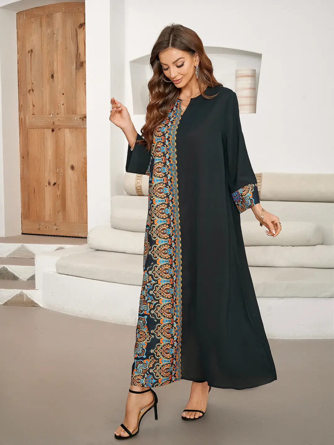 Cross-Border Hot-Selling Printed Patchwork Long Dress Elegant Long Skirt