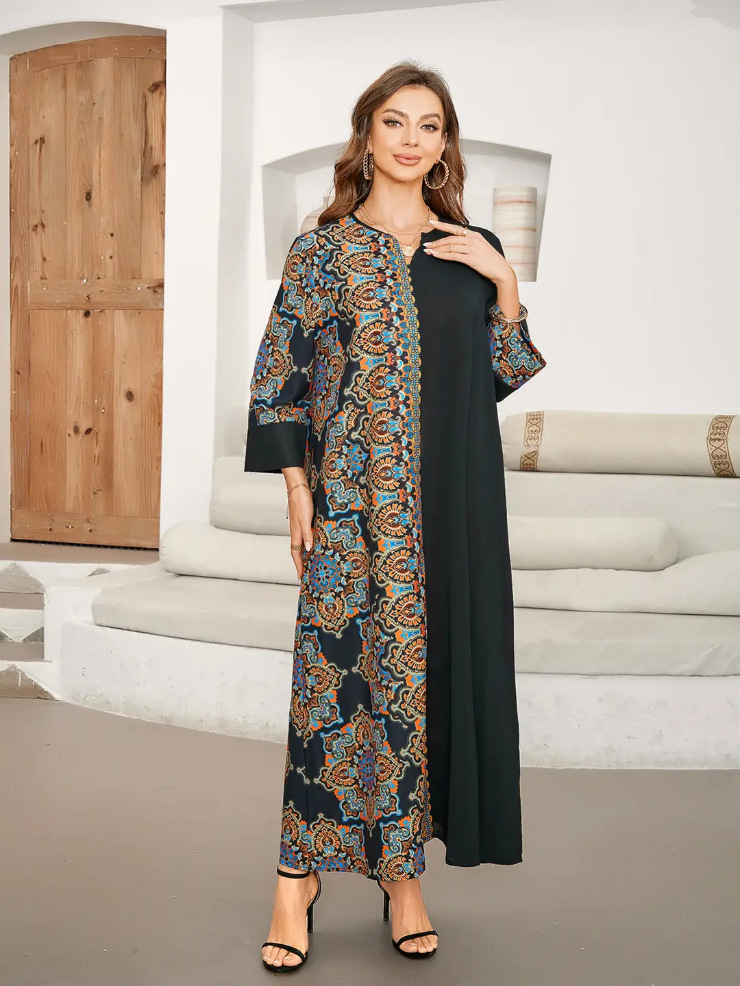 Cross-Border Hot-Selling Printed Patchwork Long Dress Elegant Long Skirt