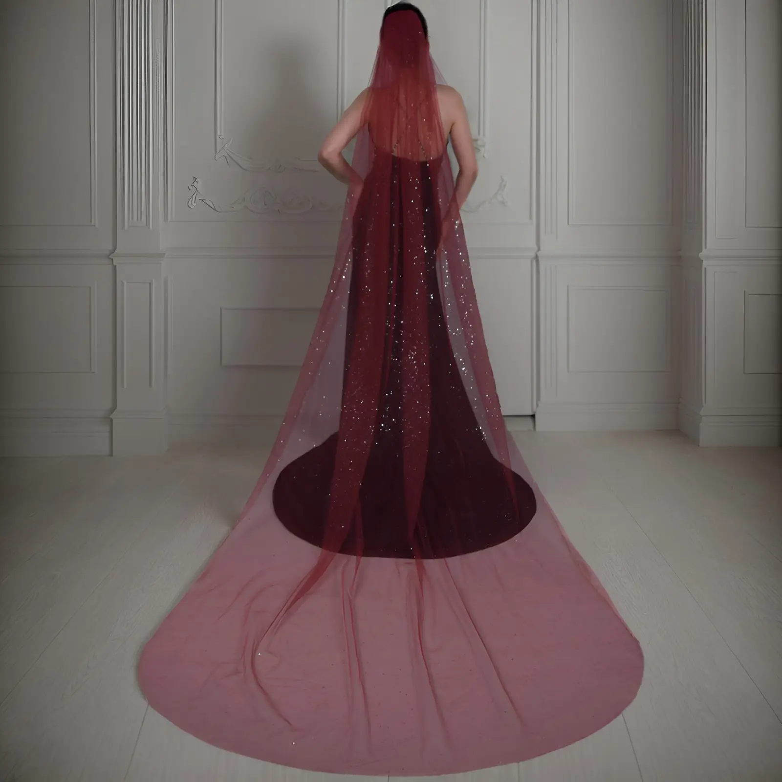 Yulapan V221 Bronzing Veil Bridal Stage Wear Maroon — feature 10