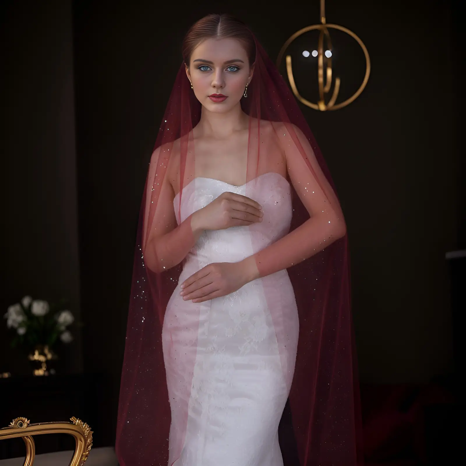 Yulapan V221 Bronzing Veil Bridal Stage Wear Maroon — feature 12