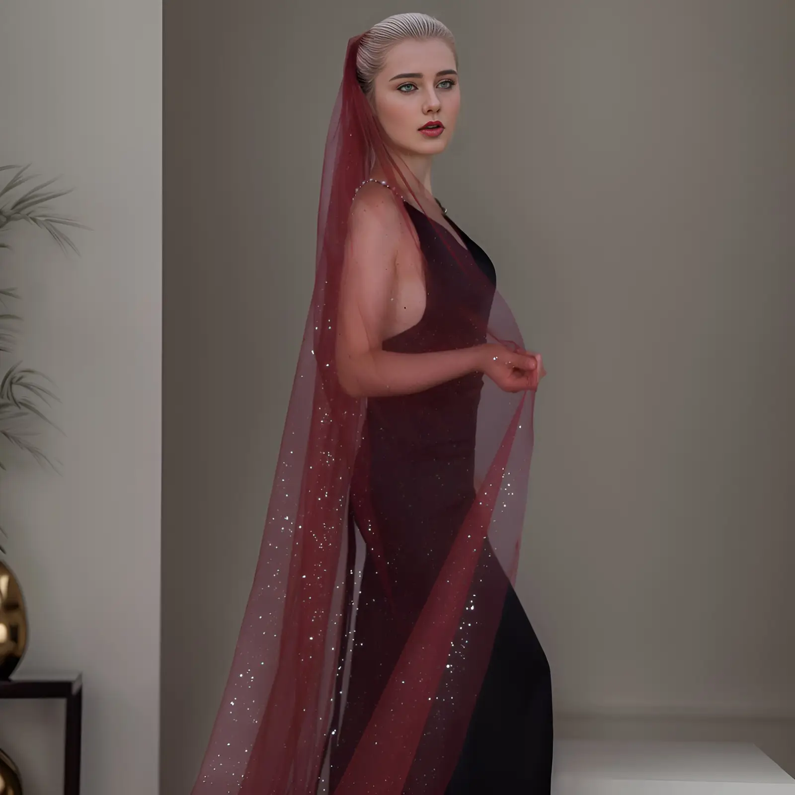 Yulapan V221 Bronzing Veil Bridal Stage Wear Maroon — feature 8