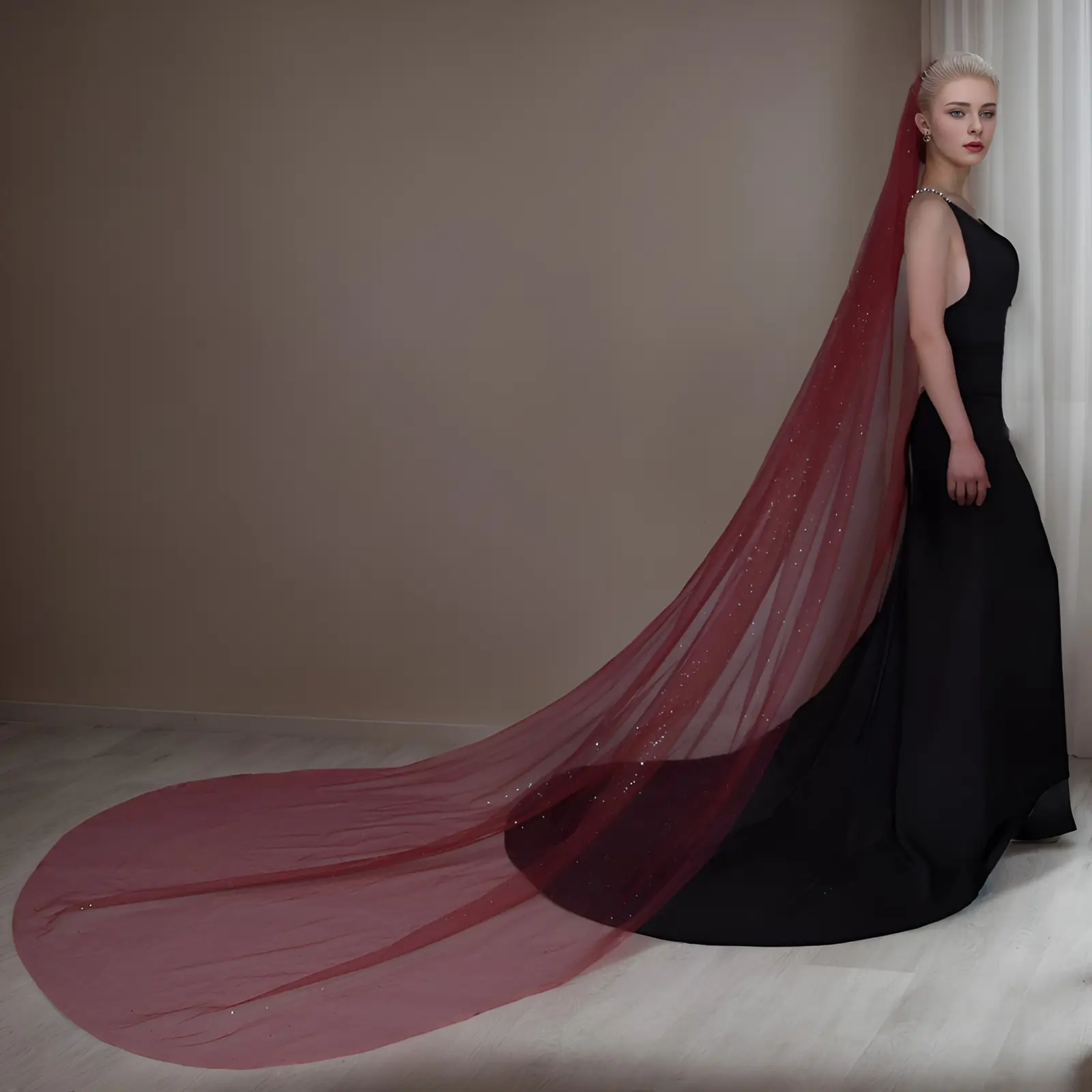Yulapan V221 Bronzing Veil Bridal Stage Wear Maroon — feature 9
