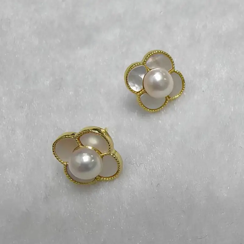 Four Leaf Petal Pearl Earrings Gold Plated - Image 2