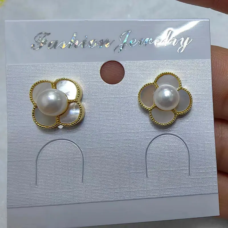 Four Leaf Petal Pearl Earrings Gold Plated - Image 4