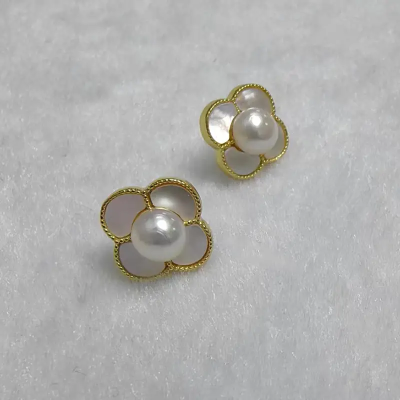 Four Leaf Petal Pearl Earrings Gold Plated - Image 5