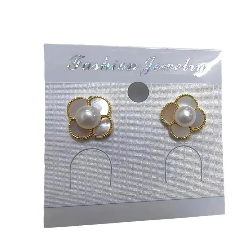 Four Leaf Petal Pearl Earrings Gold Plated - Image 6