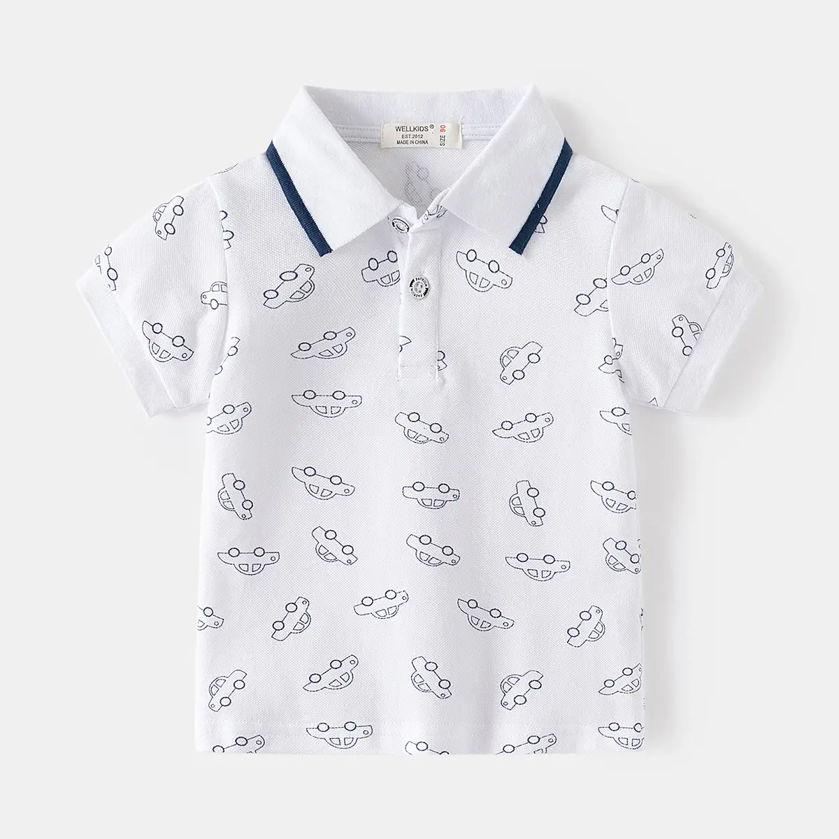New Boys Printed Polo Shirt White Blue Short Sleeve