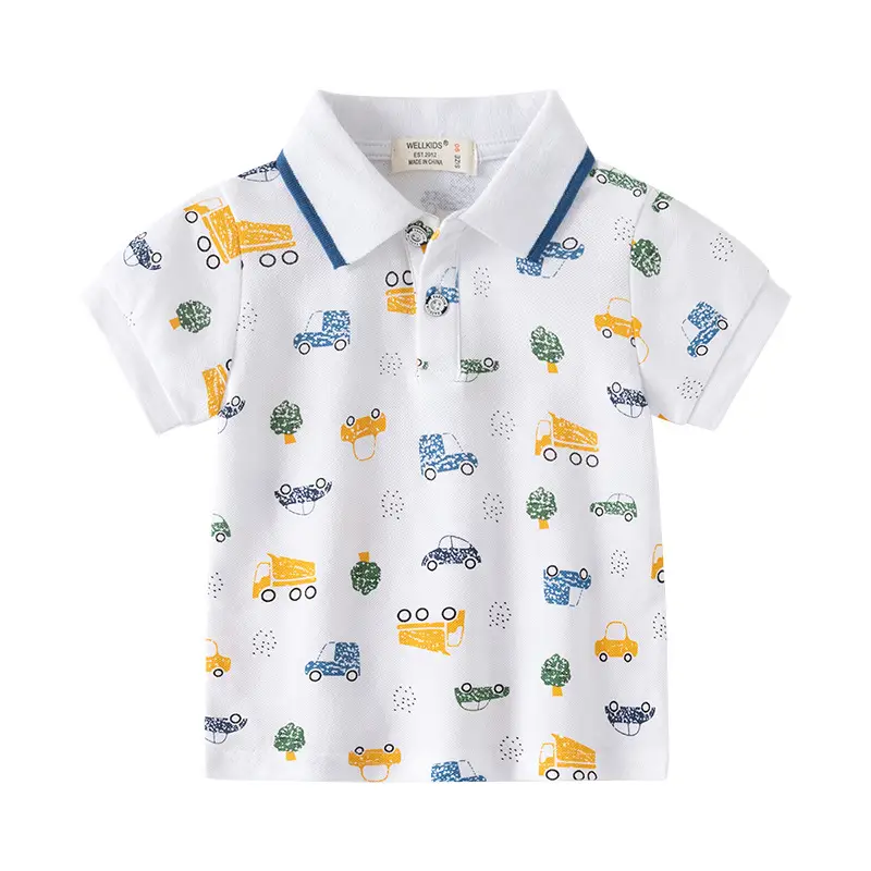 New Boys Printed Polo Shirt White Blue Short Sleeve