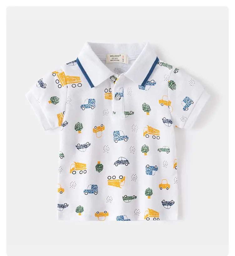 New Boys Printed Polo Shirt White Blue Short Sleeve — feature 1