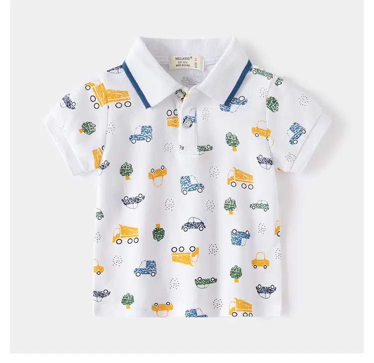 New Boys Printed Polo Shirt White Blue Short Sleeve — feature 9