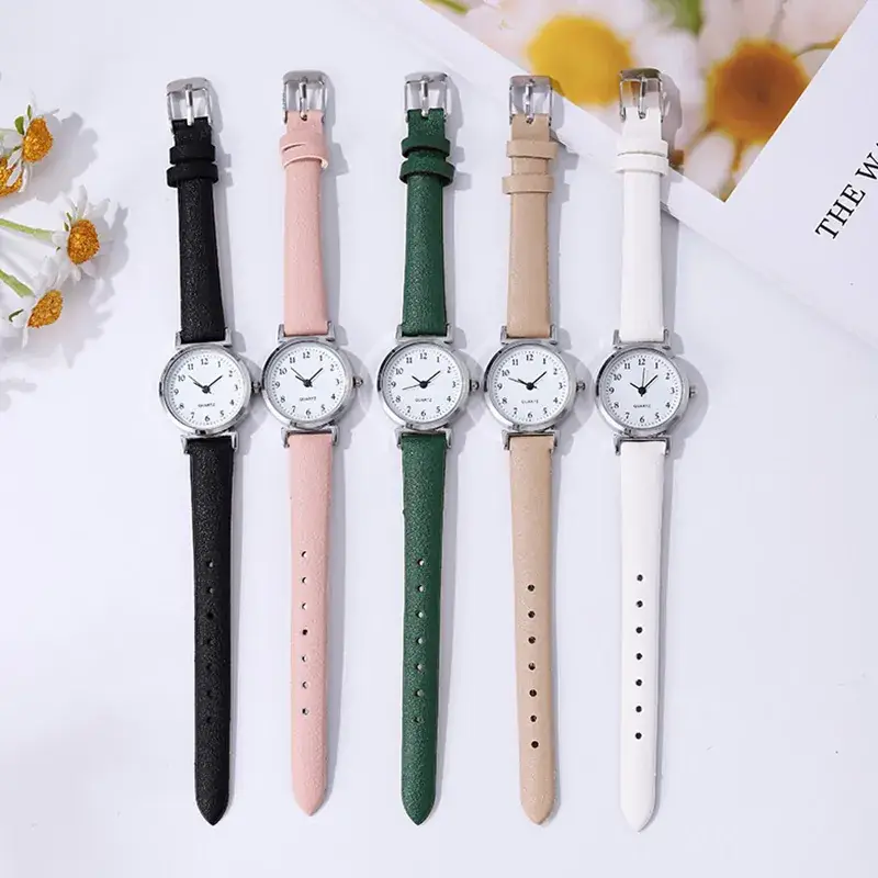 Korean Style Women's Green Leather Watch with Digital Display