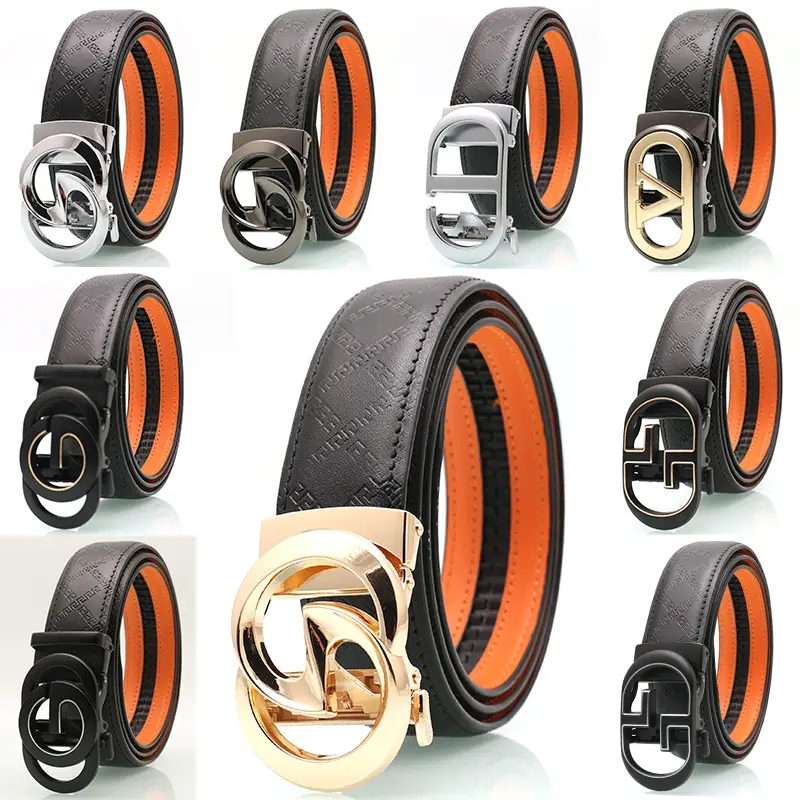 Men's Black Leather Belt with Gold Buckle & Orange Inner - Image 12