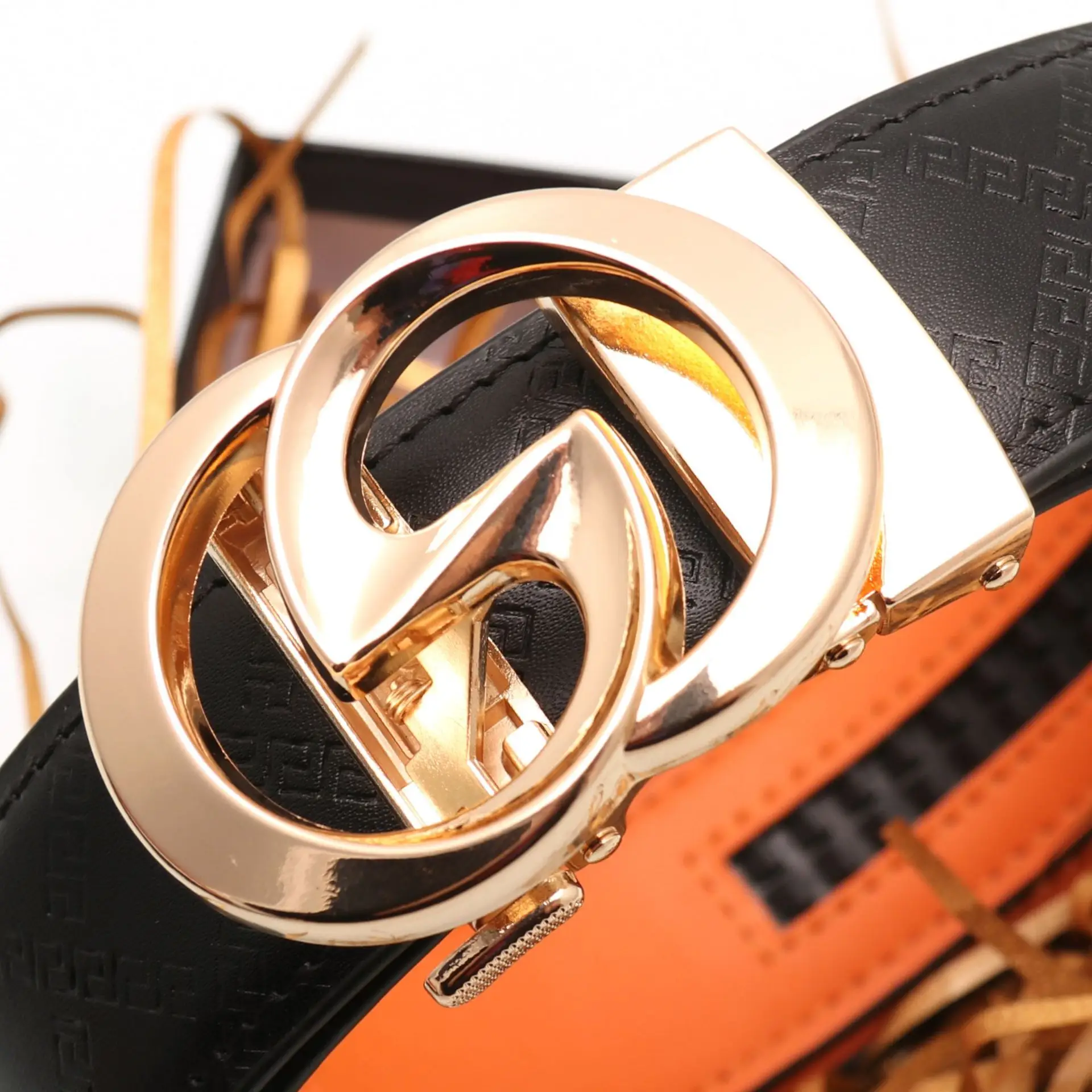 Men's Black Leather Belt with Gold Buckle & Orange Inner - Image 13