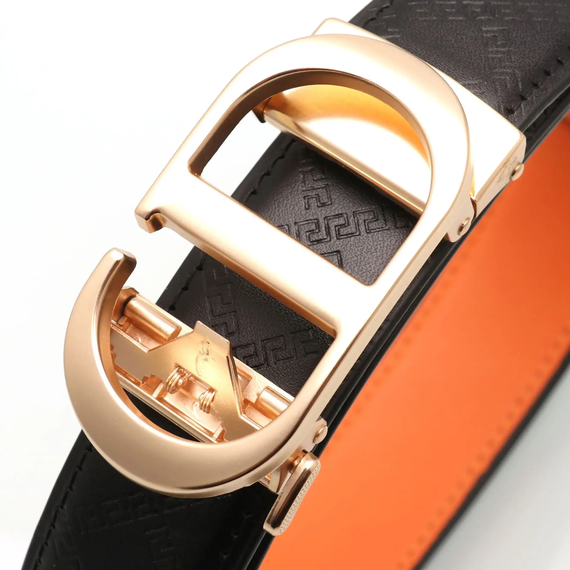Men's Black Leather Belt with Gold Buckle & Orange Inner - Image 14