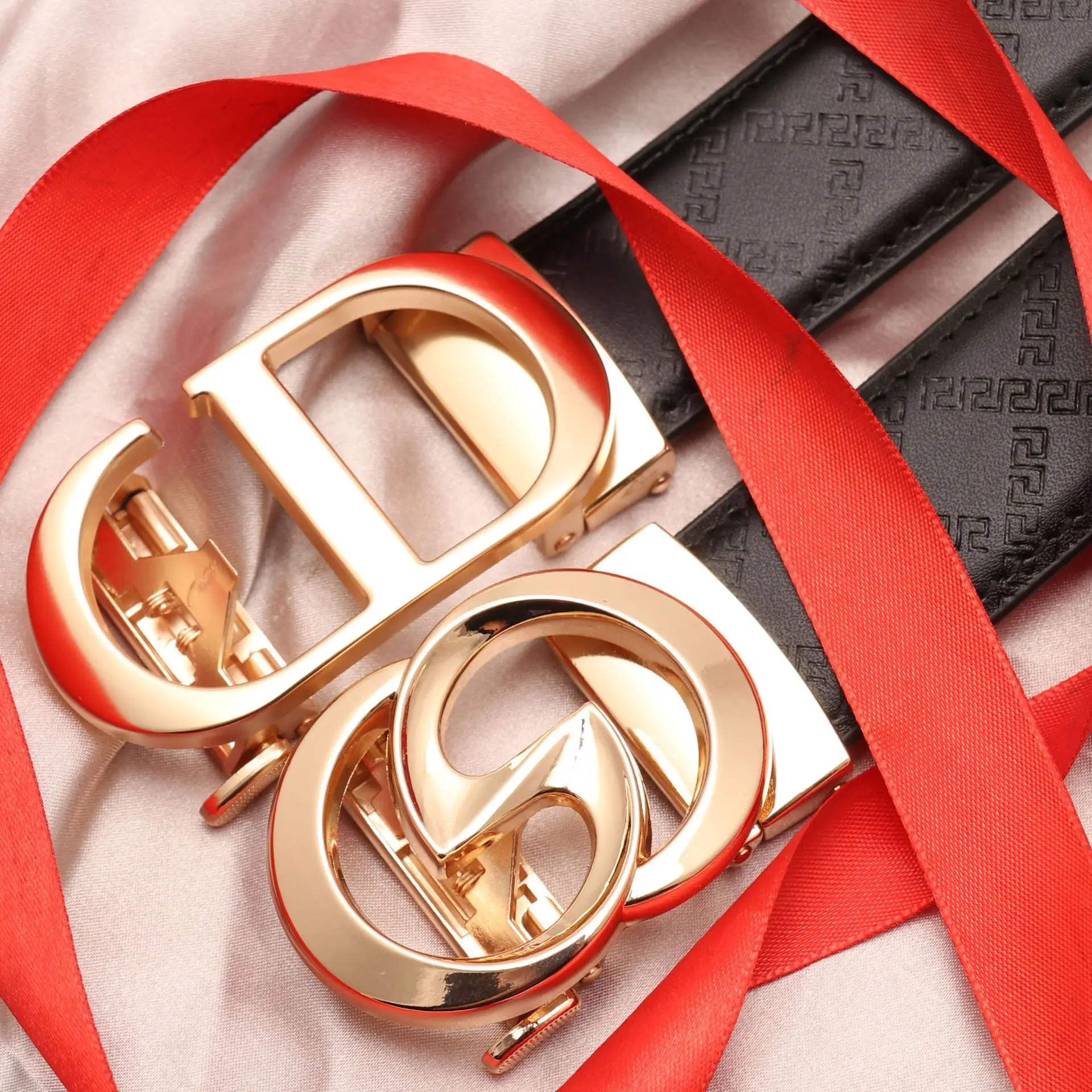 Men's Black Leather Belt with Gold Buckle & Orange Inner - Image 15