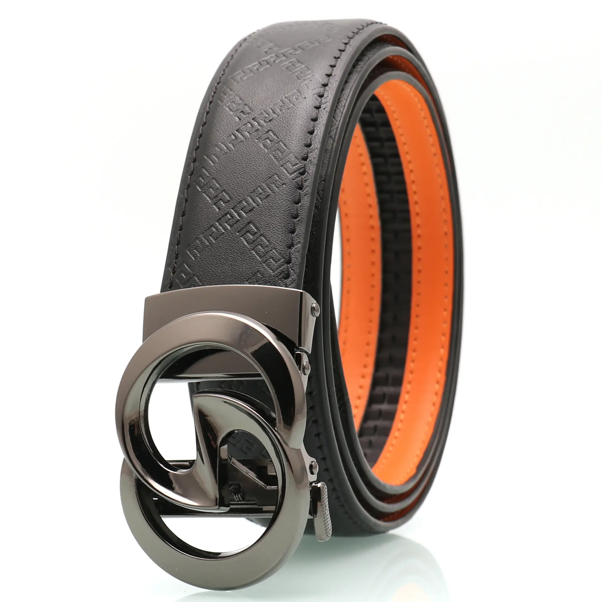 Men's Black Leather Belt with Gold Buckle & Orange Inner - Image 16