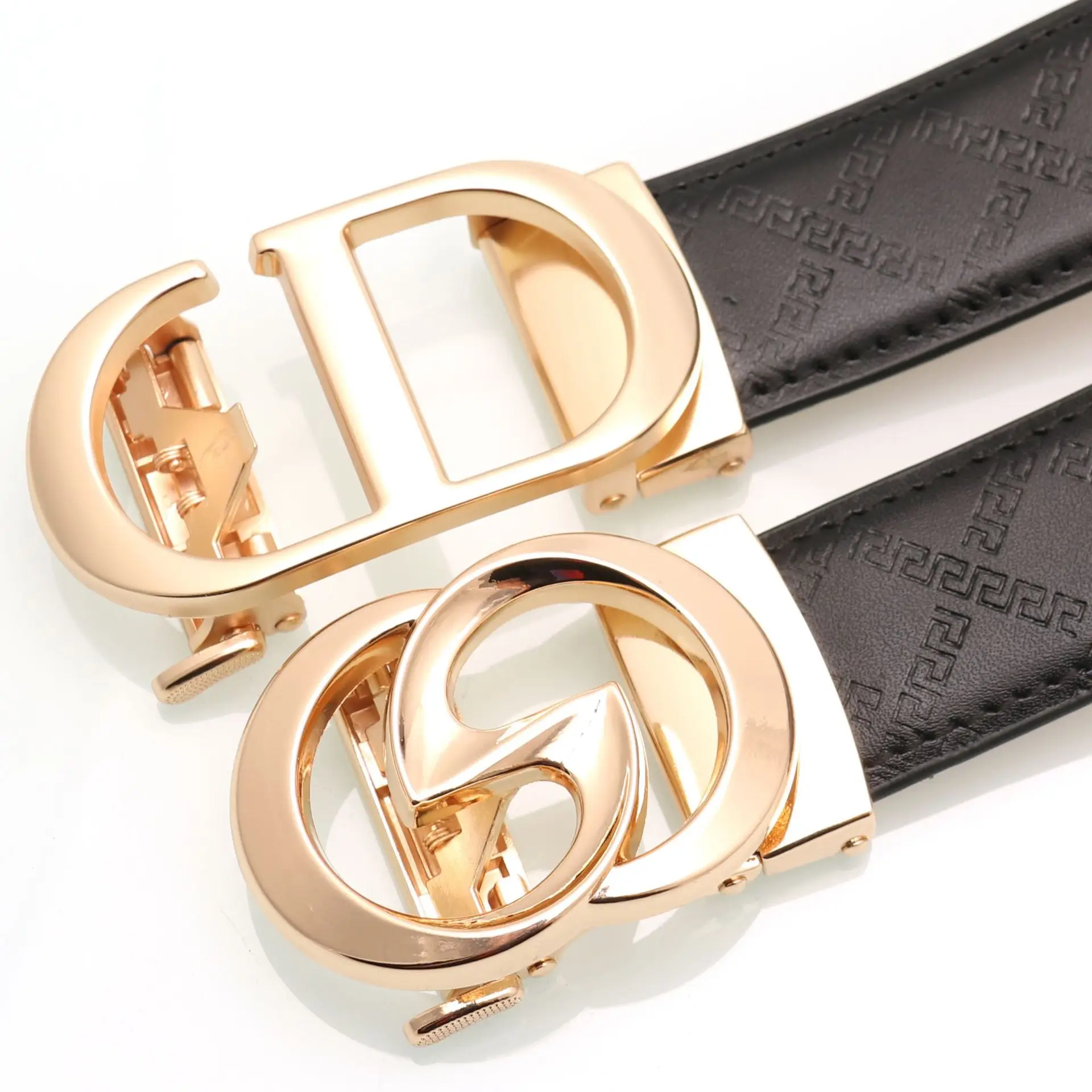 Men's Black Leather Belt with Gold Buckle & Orange Inner — feature 10