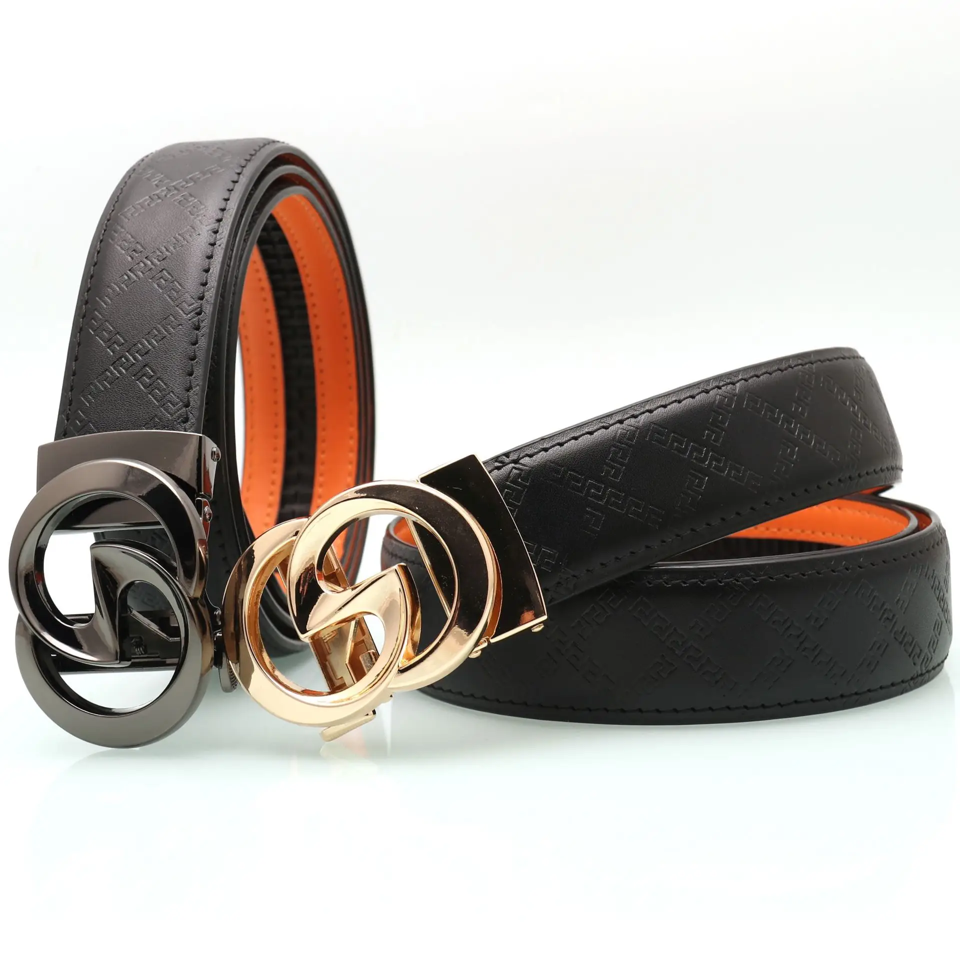 Men's Black Leather Belt with Gold Buckle & Orange Inner — feature 11