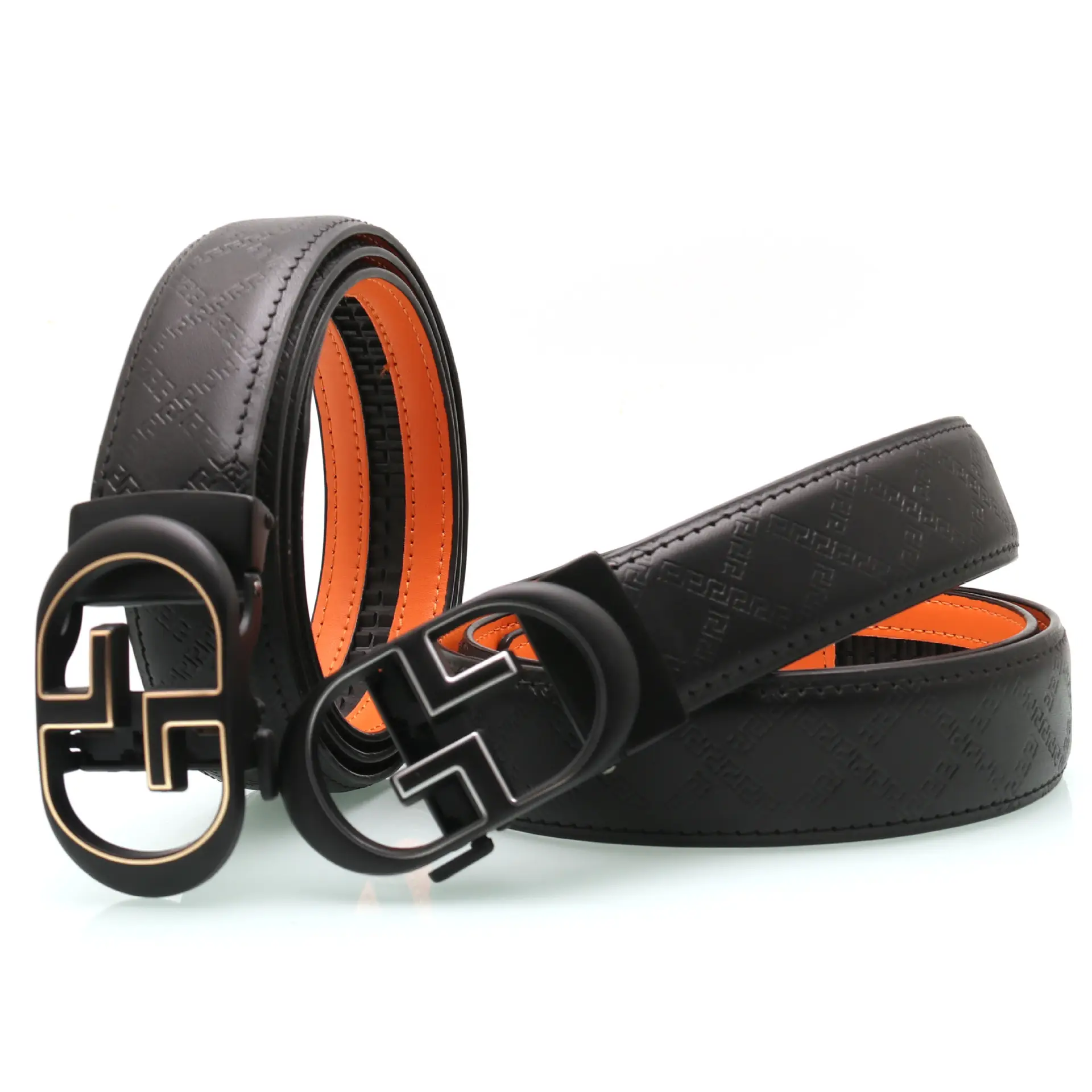 Men's Black Leather Belt with Gold Buckle & Orange Inner — feature 12